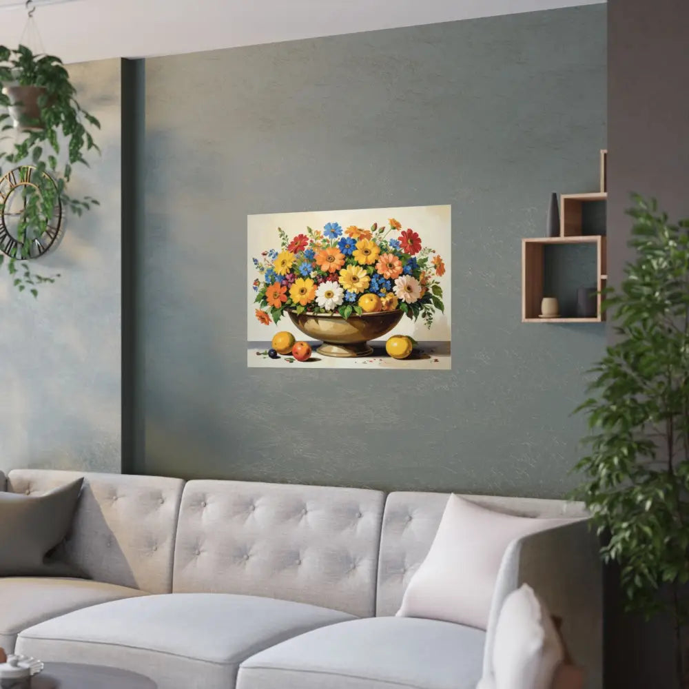 Radiant Botanical Bounty: Vibrant Floral Still Life Realist Pedestal Arrangement Poster Poster