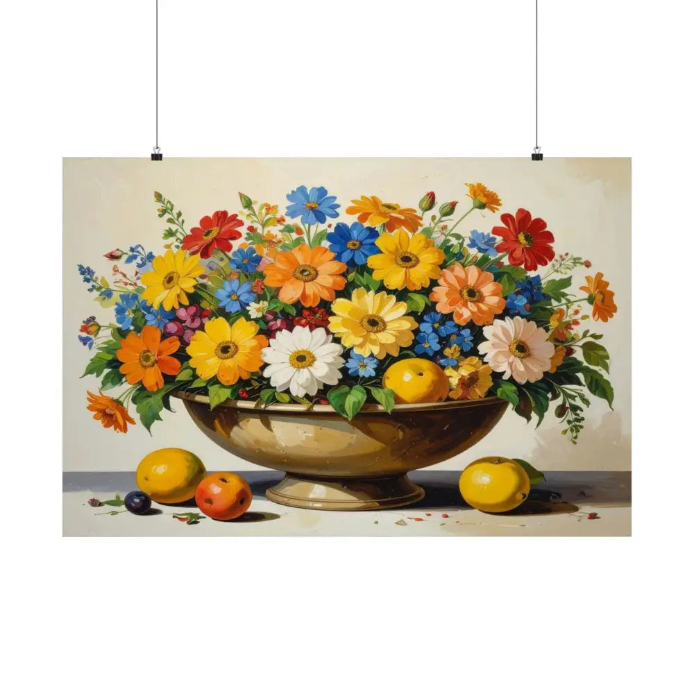 Radiant Botanical Bounty: Vibrant Floral Still Life Realist Pedestal Arrangement Poster Poster
