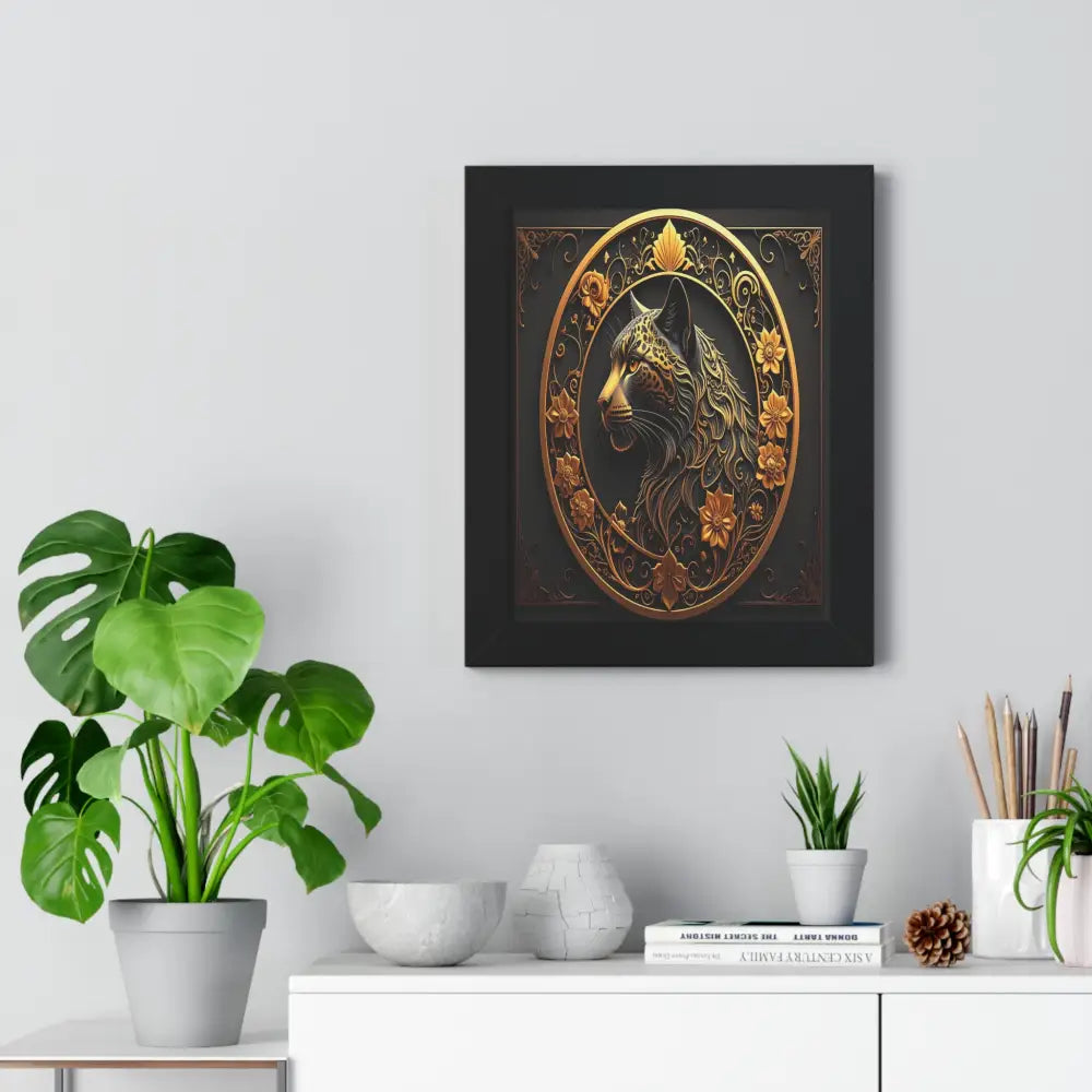 Regal Feline: Golden Jaguar Portrait Ornate Digital Art MasterpieceFramed Verticle Poster Poster