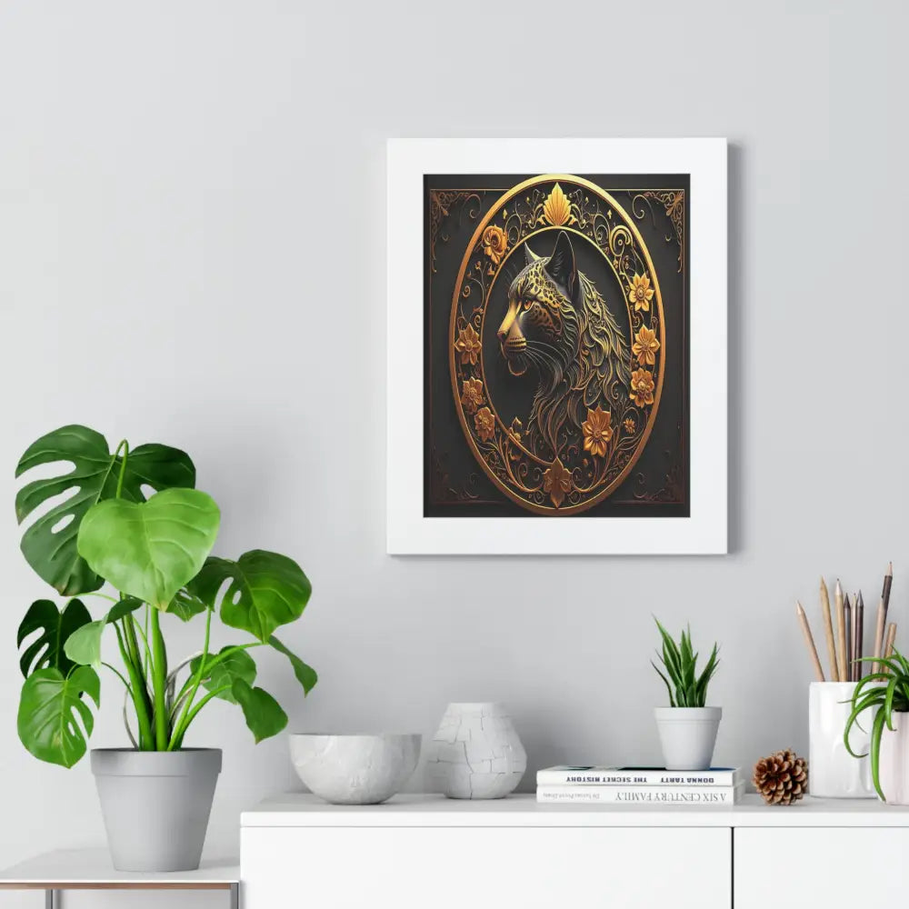 Regal Feline: Golden Jaguar Portrait Ornate Digital Art MasterpieceFramed Verticle Poster Poster