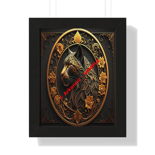 Regal Feline: Golden Jaguar Portrait Ornate Digital Art MasterpieceFramed Verticle Poster Black / 11’’ x 14’’ Poster
