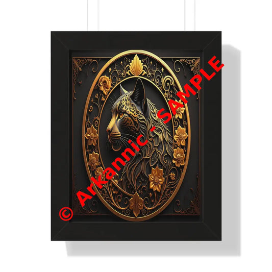 Regal Feline: Golden Jaguar Portrait Ornate Digital Art MasterpieceFramed Verticle Poster Black / 11’’ x 14’’ Poster