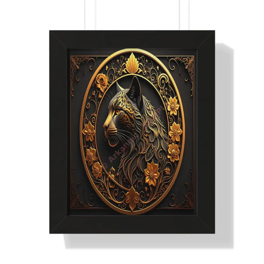 Regal Feline: Golden Jaguar Portrait Ornate Digital Art MasterpieceFramed Verticle Poster Black / 11’’ x 14’’ Poster
