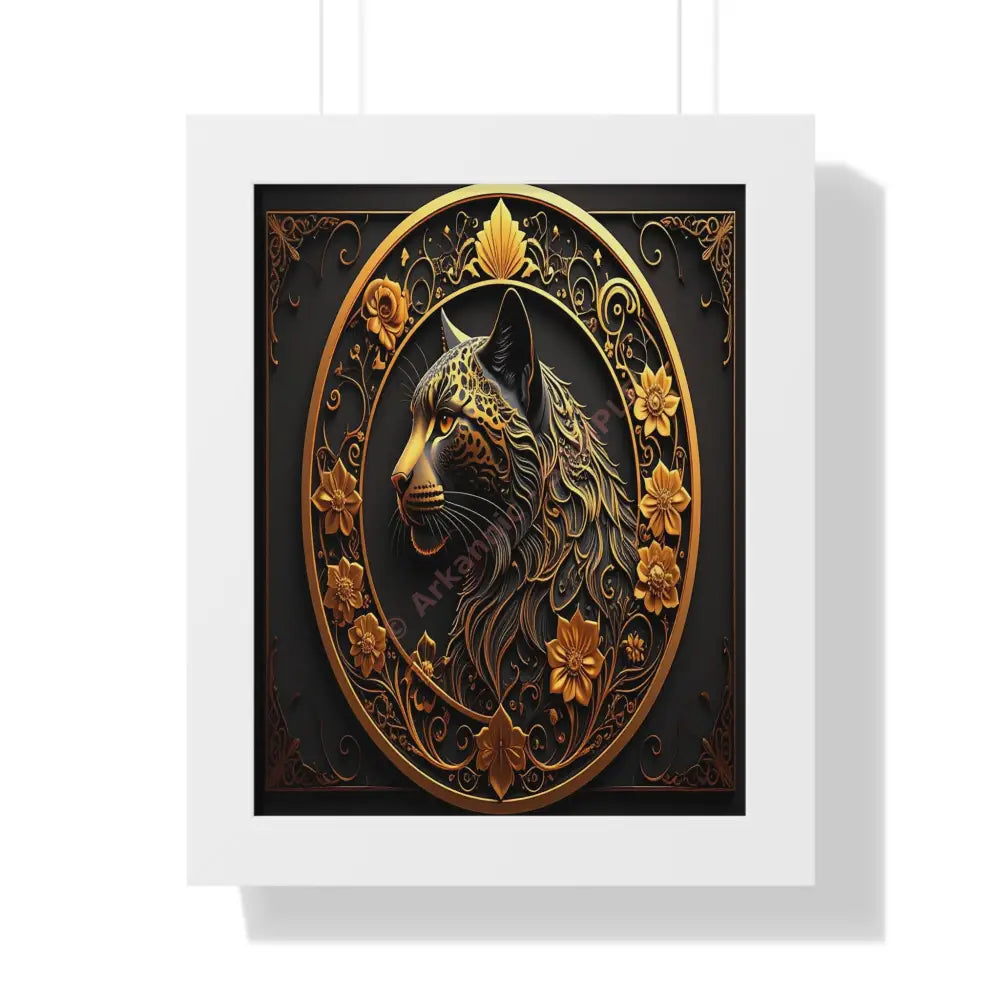 Regal Feline: Golden Jaguar Portrait Ornate Digital Art MasterpieceFramed Verticle Poster White / 11’’ x 14’’ Poster