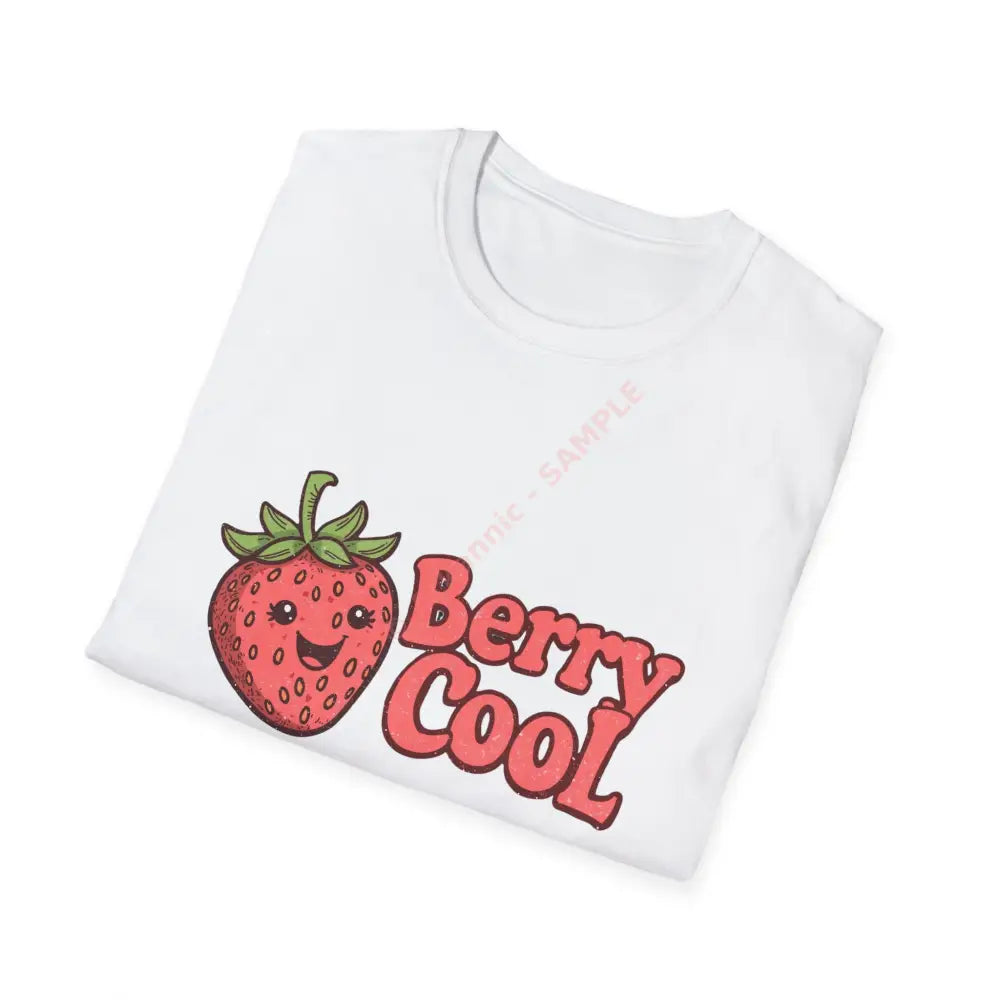 Retro strawberry T-shirt with bubbly 70s font “Berry Cool Positive Vibes Tee Casual Wear Gift for Friends Summer Style