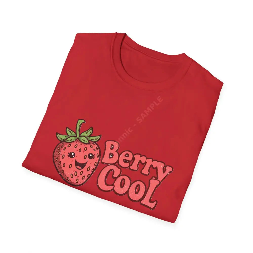Retro strawberry T-shirt with bubbly 70s font “Berry Cool Positive Vibes Tee Casual Wear Gift for Friends Summer Style