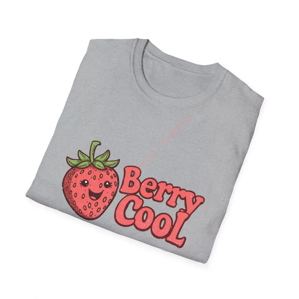 Retro strawberry T-shirt with bubbly 70s font “Berry Cool Positive Vibes Tee Casual Wear Gift for Friends Summer Style