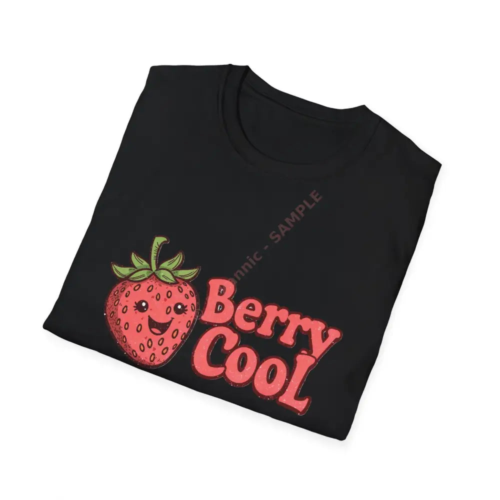 Retro strawberry T-shirt with bubbly 70s font “Berry Cool Positive Vibes Tee Casual Wear Gift for Friends Summer Style