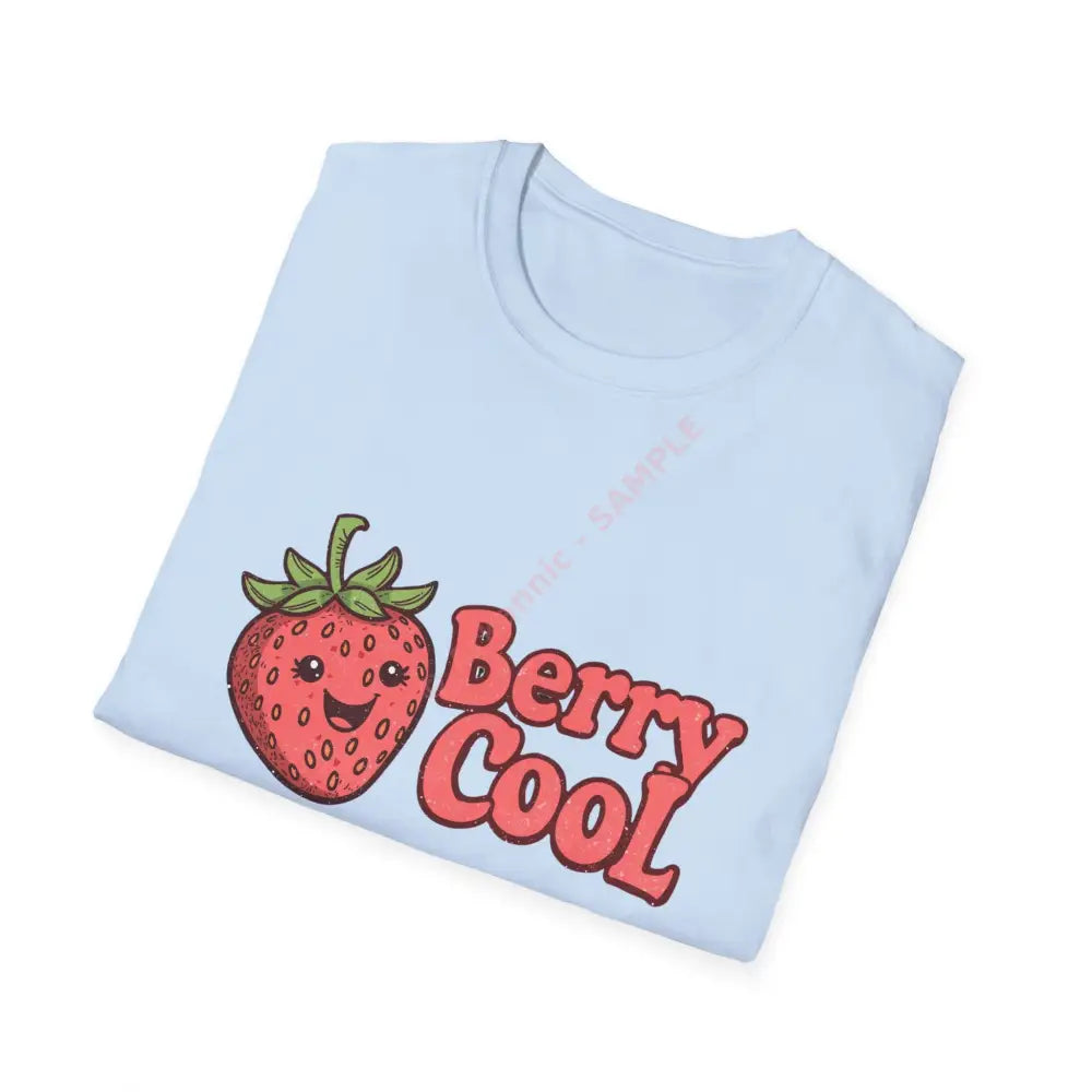 Retro strawberry T-shirt with bubbly 70s font “Berry Cool Positive Vibes Tee Casual Wear Gift for Friends Summer Style