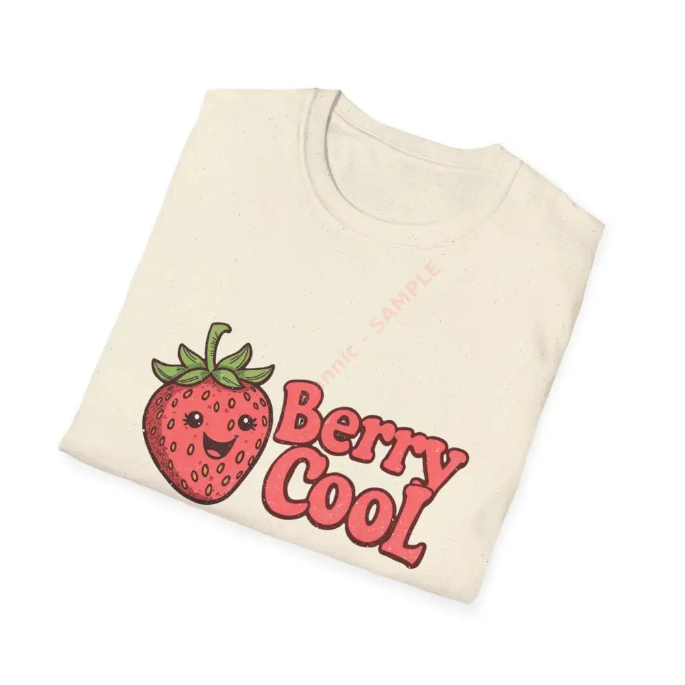 Retro strawberry T-shirt with bubbly 70s font “Berry Cool Positive Vibes Tee Casual Wear Gift for Friends Summer Style
