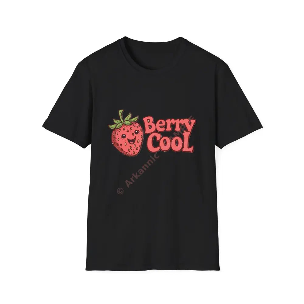 Retro strawberry T-shirt with bubbly 70s font “Berry Cool Positive Vibes Tee Casual Wear Gift for Friends Summer Style