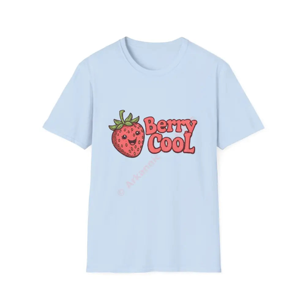 Retro strawberry T-shirt with bubbly 70s font “Berry Cool Positive Vibes Tee Casual Wear Gift for Friends Summer Style