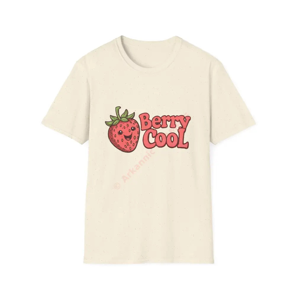 Retro strawberry T-shirt with bubbly 70s font “Berry Cool Positive Vibes Tee Casual Wear Gift for Friends Summer Style