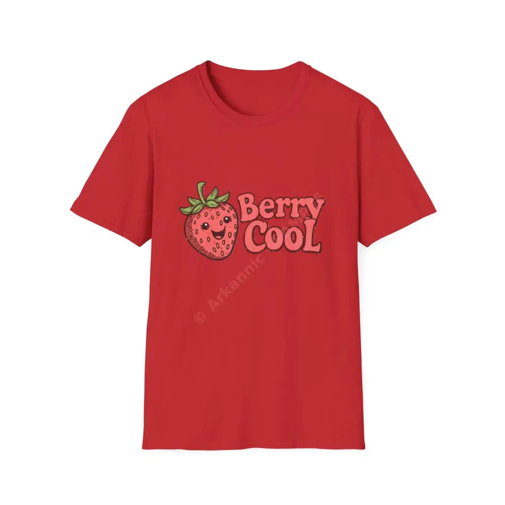 Retro strawberry T-shirt with bubbly 70s font “Berry Cool Positive Vibes Tee Casual Wear Gift for Friends Summer Style