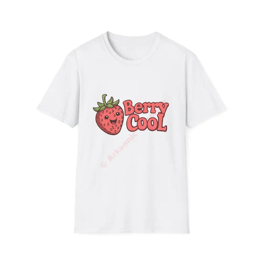 Retro strawberry T-shirt with bubbly 70s font “Berry Cool Positive Vibes Tee Casual Wear Gift for Friends Summer Style