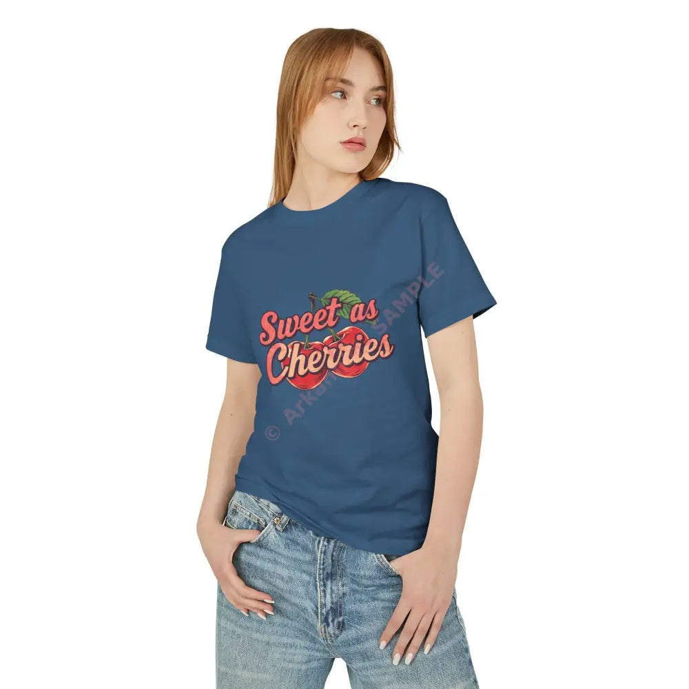 Retro T-shirt design pair of cherries illustration slogan ‘Sweet as Cherries’ T-Shirt