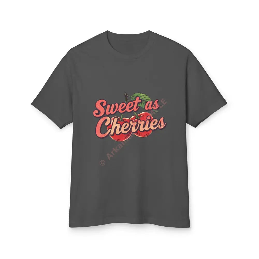 Retro T-shirt design pair of cherries illustration slogan ‘Sweet as Cherries’ Faded Black / S T-Shirt