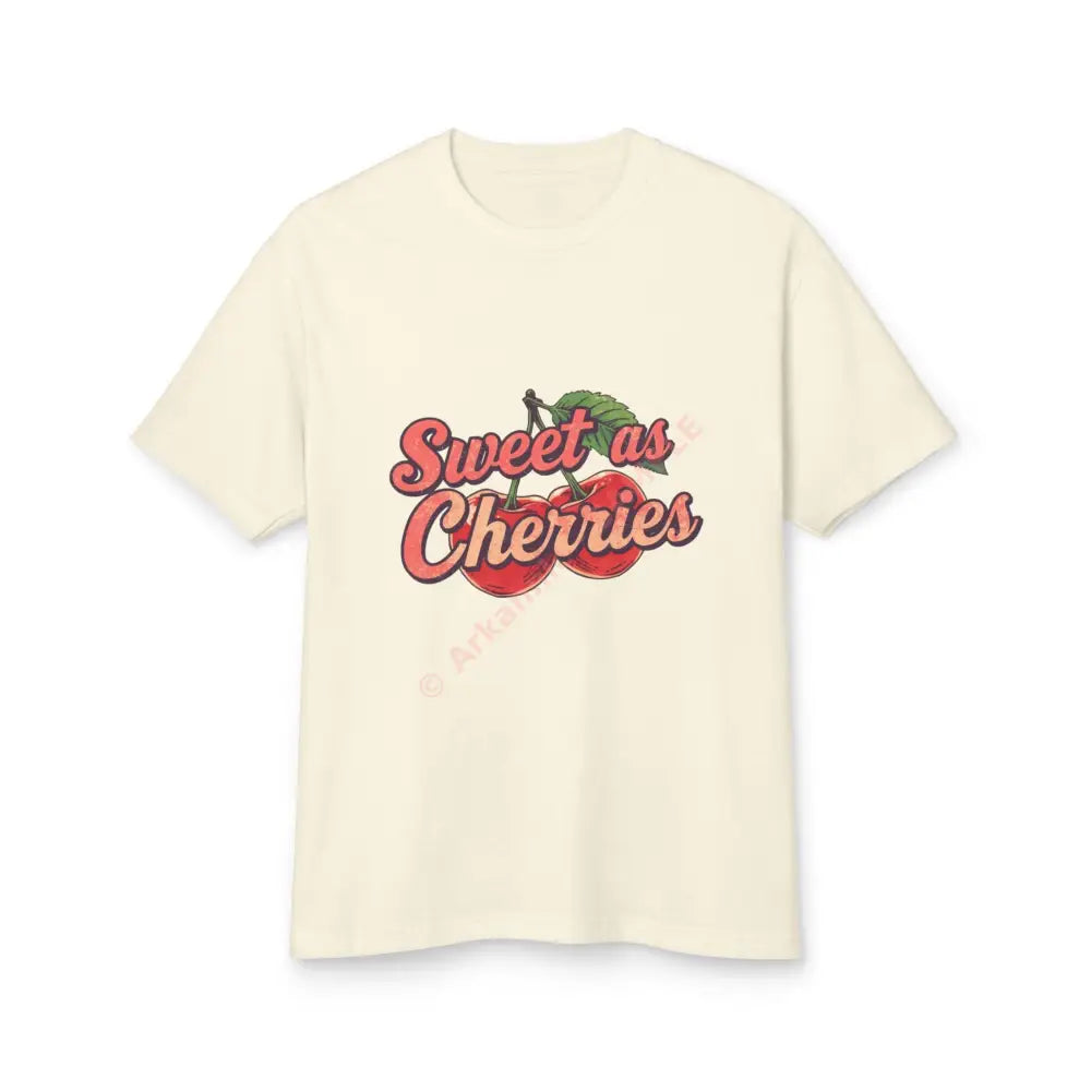 Retro T-shirt design pair of cherries illustration slogan ‘Sweet as Cherries’ Faded Cream / S T-Shirt