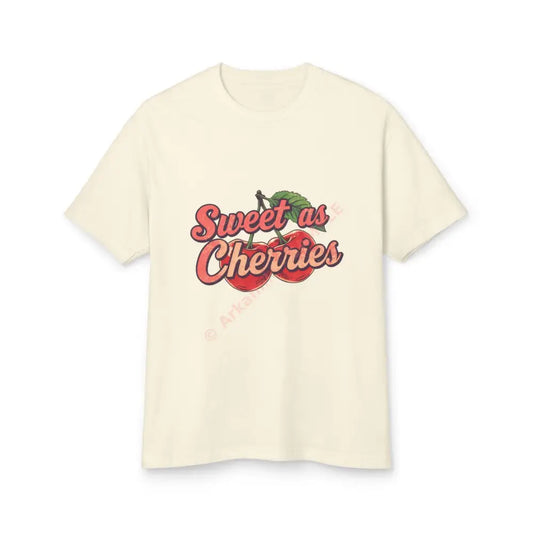 Retro T-shirt design pair of cherries illustration slogan ‘Sweet as Cherries’ Faded Cream / S T-Shirt