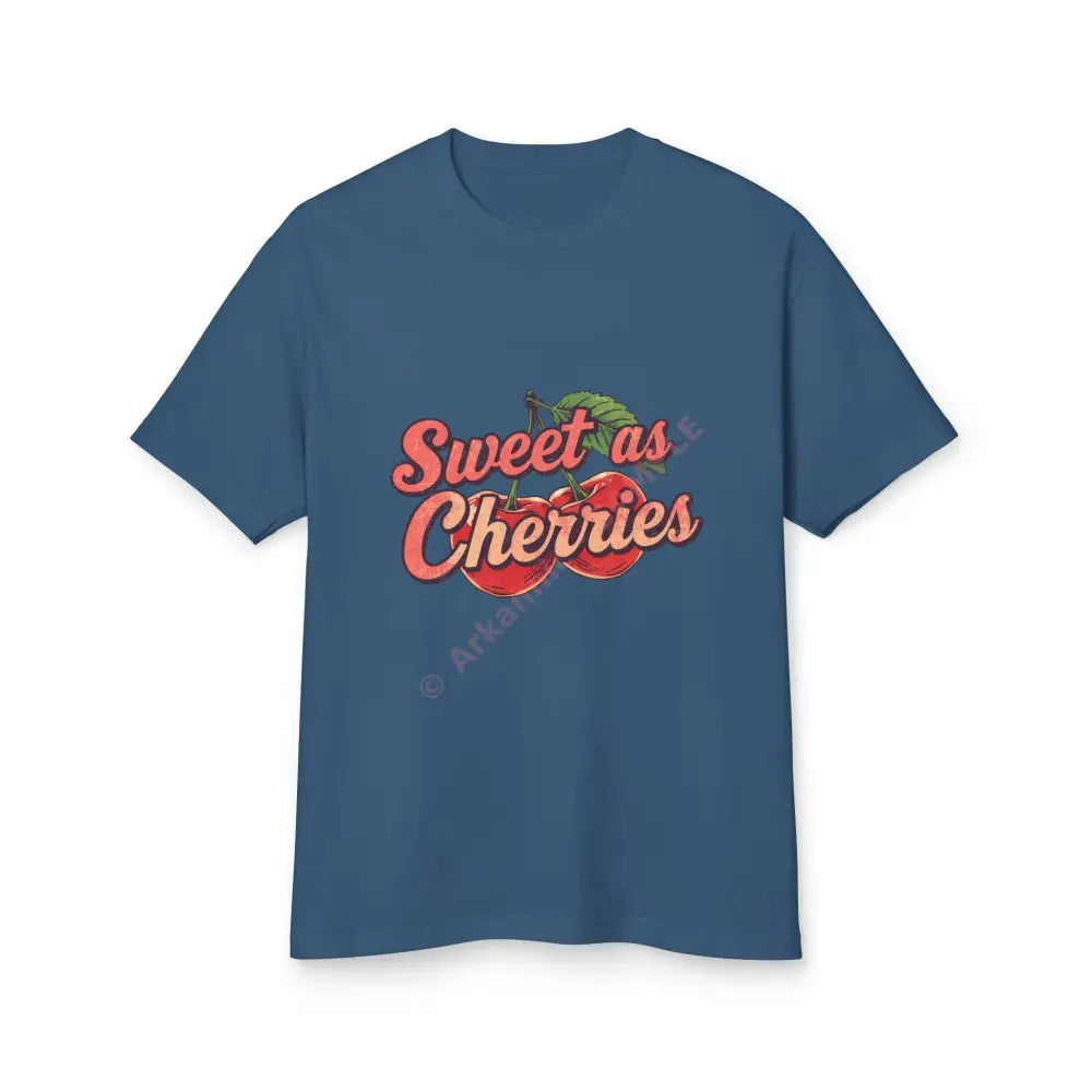Retro T-shirt design pair of cherries illustration slogan ‘Sweet as Cherries’ Faded Navy / S T-Shirt