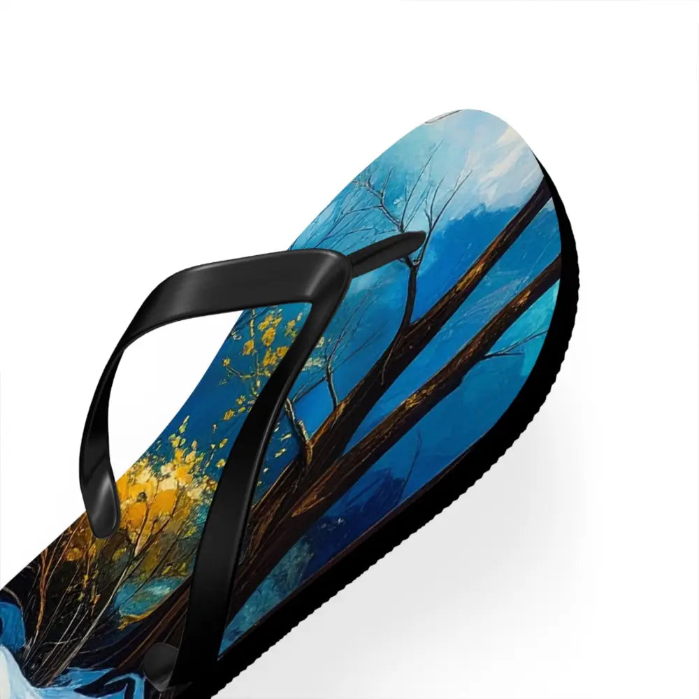 River’s Passage: Seasonal Transitions Winter Forest Landscape Turquoise Impressionist Flow Flip Flop Shoes Shoes