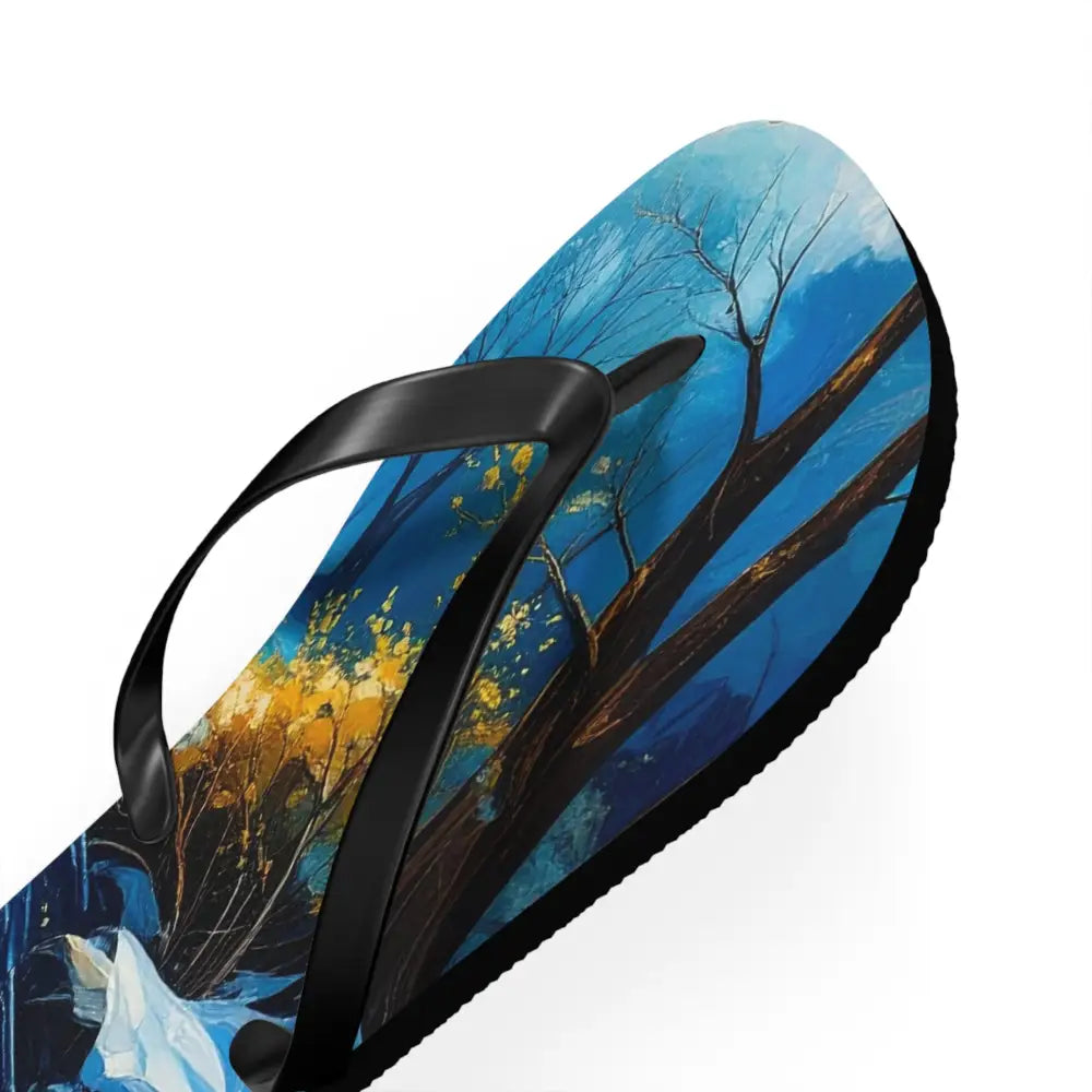 River’s Passage: Seasonal Transitions Winter Forest Landscape Turquoise Impressionist Flow Flip Flop Shoes Shoes