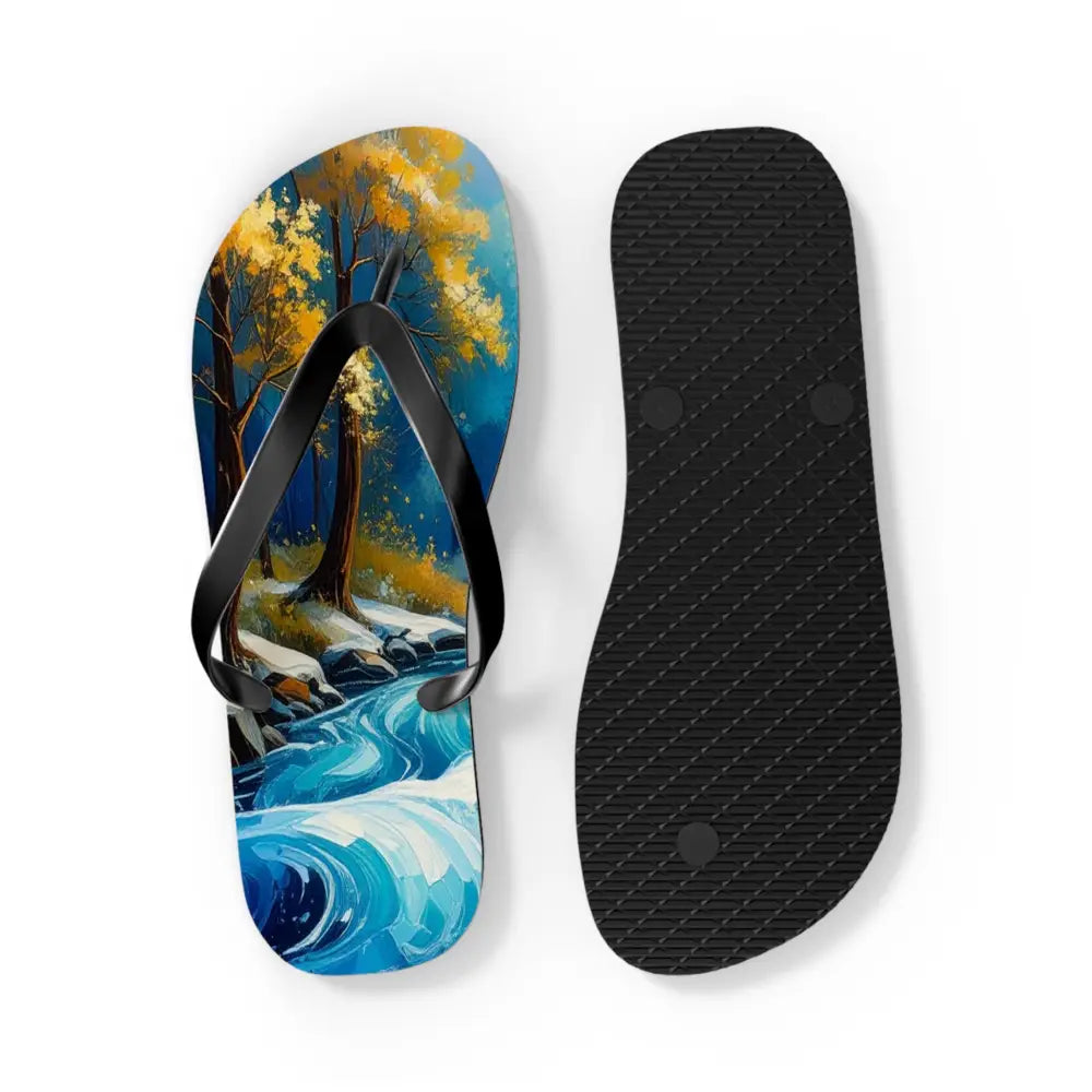 River’s Passage: Seasonal Transitions Winter Forest Landscape Turquoise Impressionist Flow Flip Flop Shoes Shoes