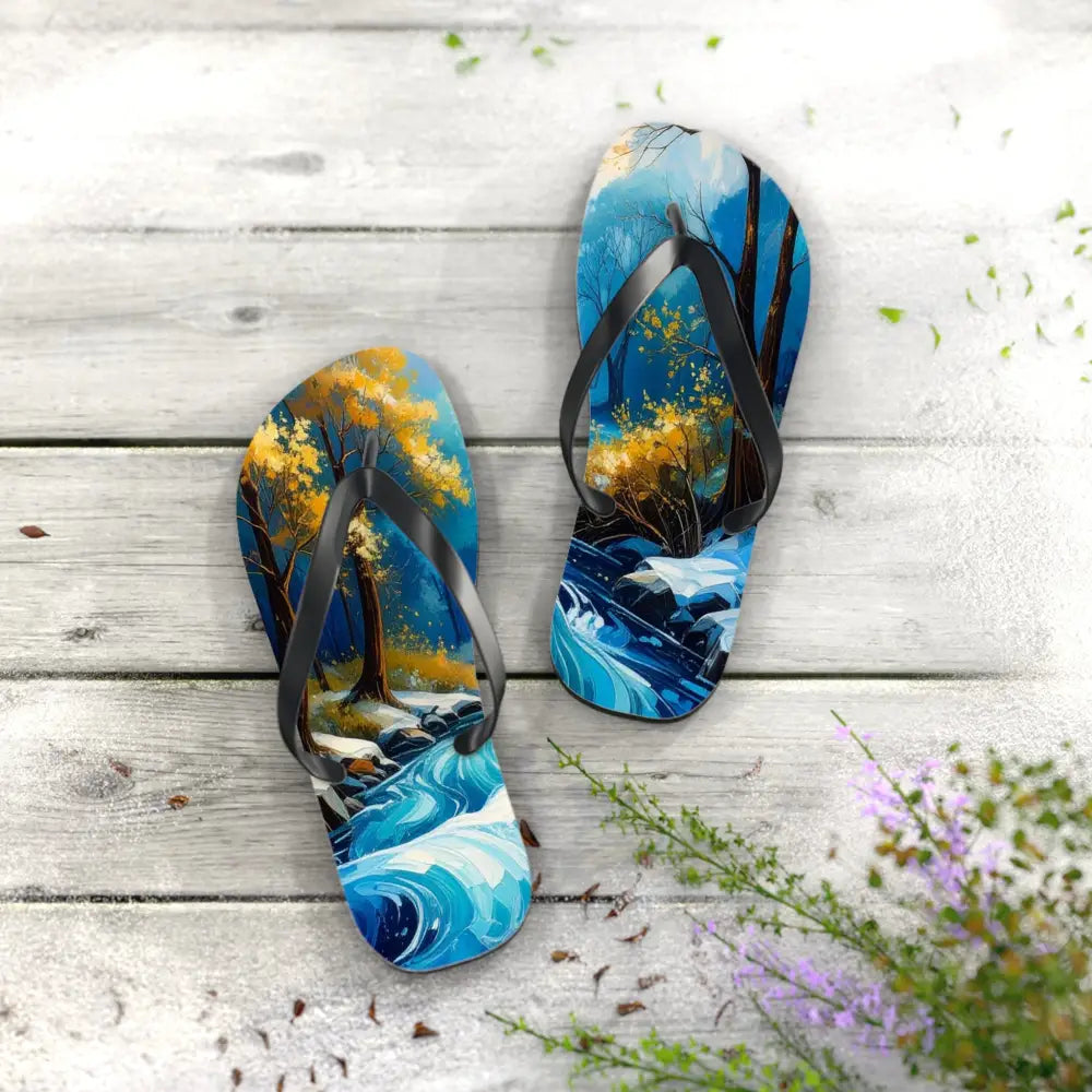 River’s Passage: Seasonal Transitions Winter Forest Landscape Turquoise Impressionist Flow Flip Flop Shoes Shoes