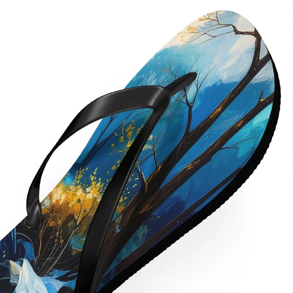 River’s Passage: Seasonal Transitions Winter Forest Landscape Turquoise Impressionist Flow Flip Flop Shoes Shoes