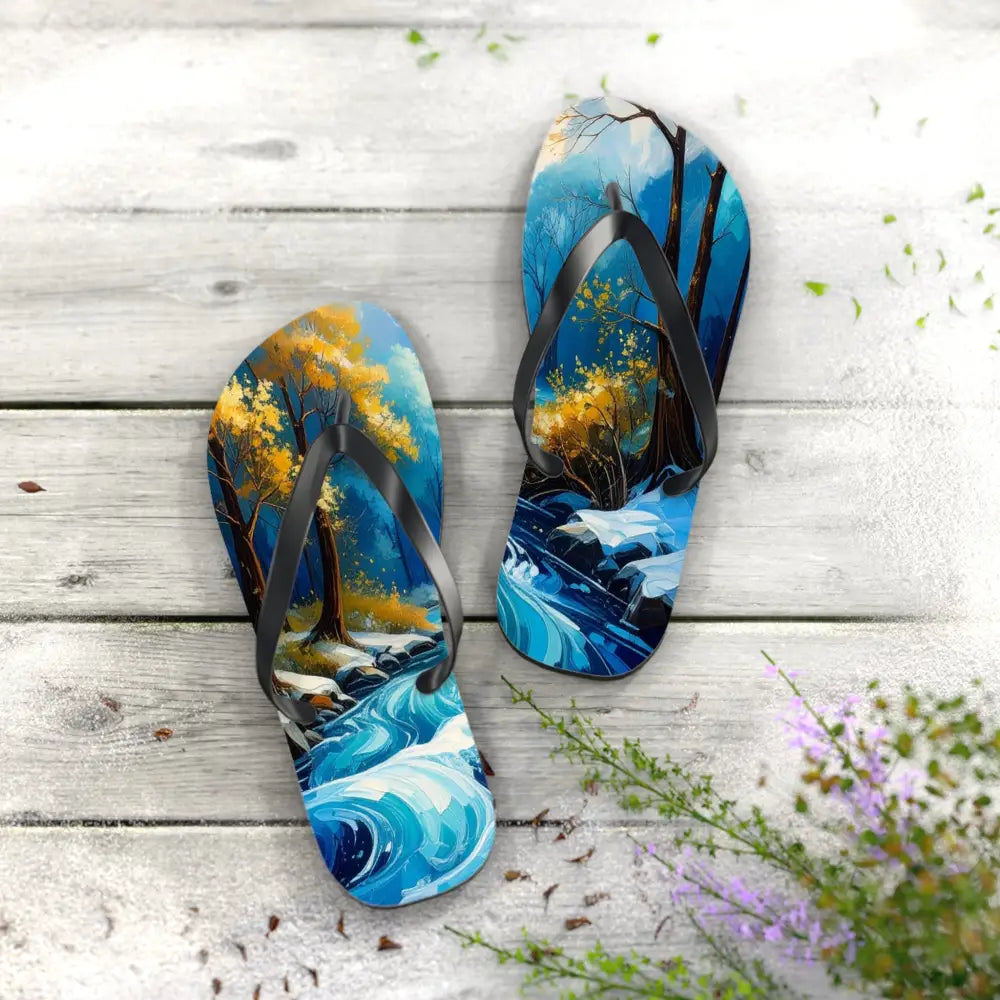 River’s Passage: Seasonal Transitions Winter Forest Landscape Turquoise Impressionist Flow Flip Flop Shoes Shoes