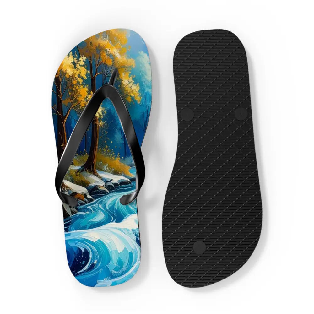 River’s Passage: Seasonal Transitions Winter Forest Landscape Turquoise Impressionist Flow Flip Flop Shoes Shoes