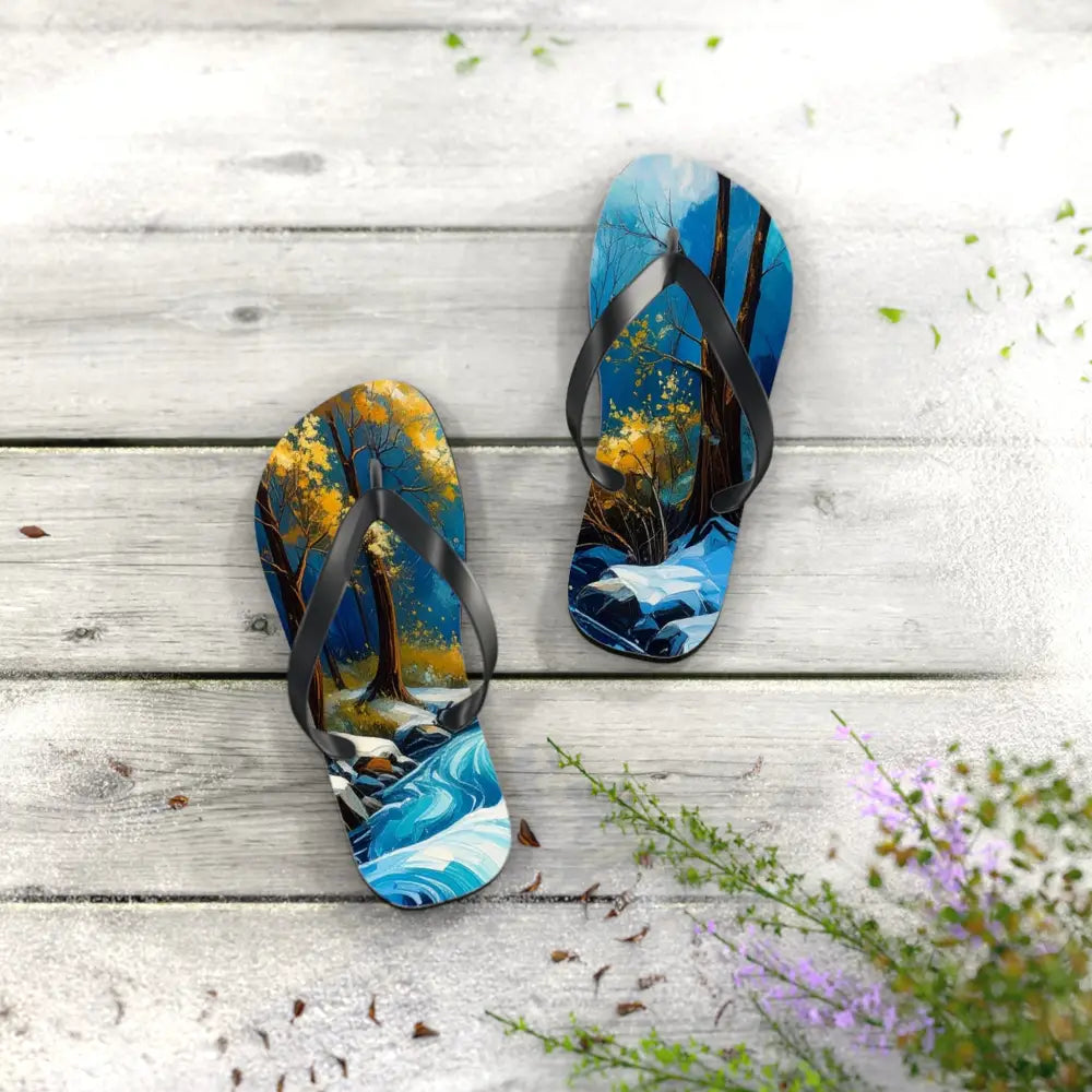 River’s Passage: Seasonal Transitions Winter Forest Landscape Turquoise Impressionist Flow Flip Flop Shoes Shoes