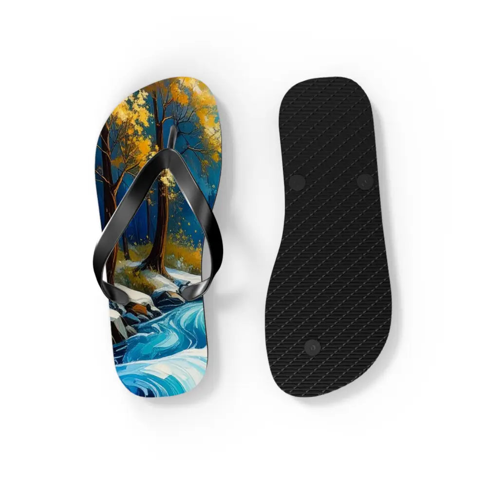 River’s Passage: Seasonal Transitions Winter Forest Landscape Turquoise Impressionist Flow Flip Flop Shoes Shoes