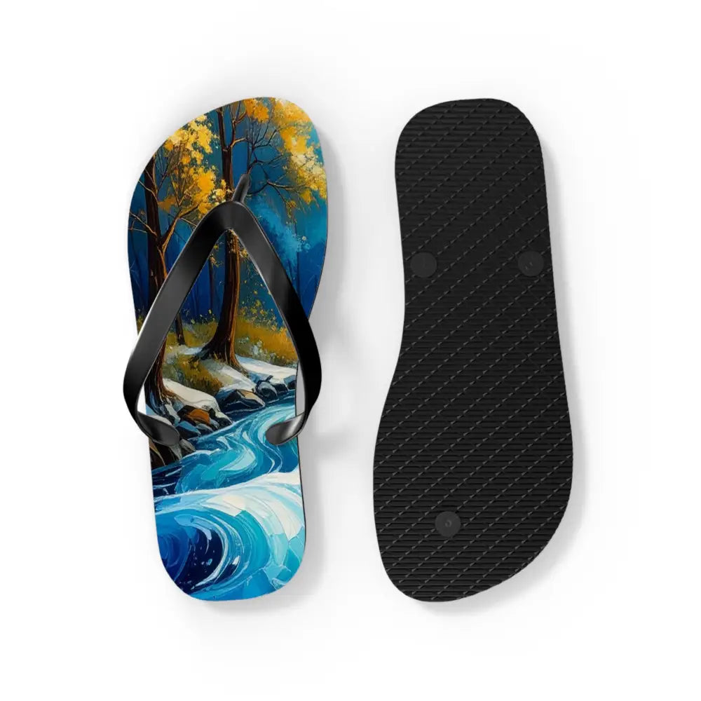 River’s Passage: Seasonal Transitions Winter Forest Landscape Turquoise Impressionist Flow Flip Flop Shoes Shoes