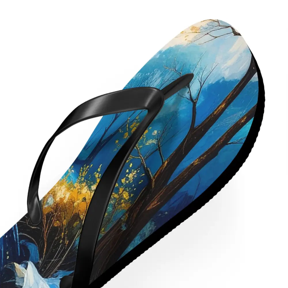 River’s Passage: Seasonal Transitions Winter Forest Landscape Turquoise Impressionist Flow Flip Flop Shoes Shoes
