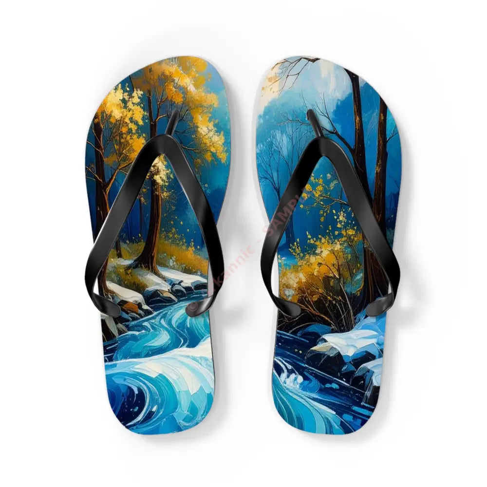 River’s Passage: Seasonal Transitions Winter Forest Landscape Turquoise Impressionist Flow Flip Flop Shoes L / Black