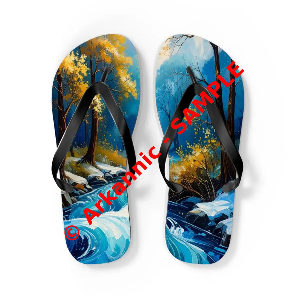 River’s Passage: Seasonal Transitions Winter Forest Landscape Turquoise Impressionist Flow Flip Flop Shoes L / Black