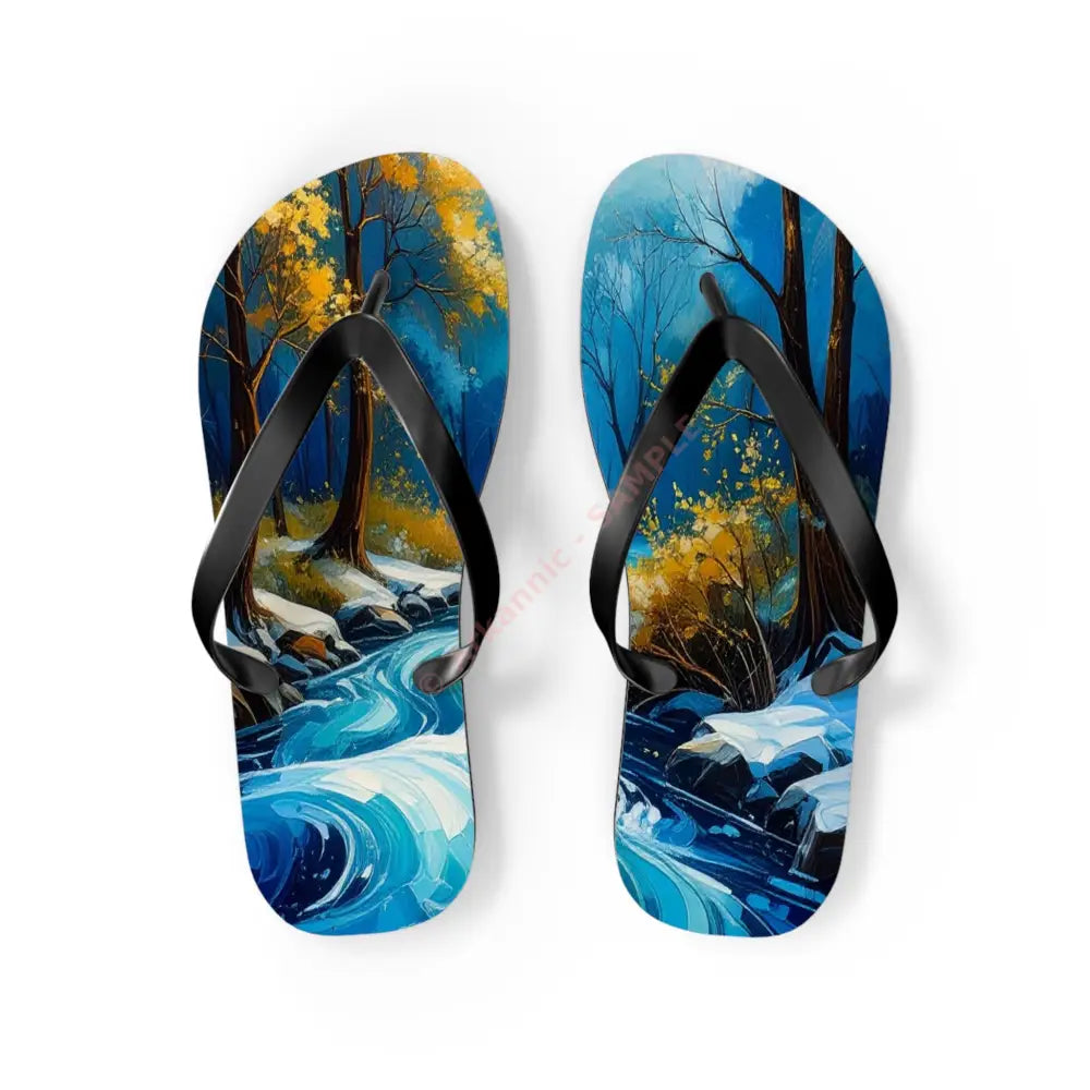 River’s Passage: Seasonal Transitions Winter Forest Landscape Turquoise Impressionist Flow Flip Flop Shoes M / Black