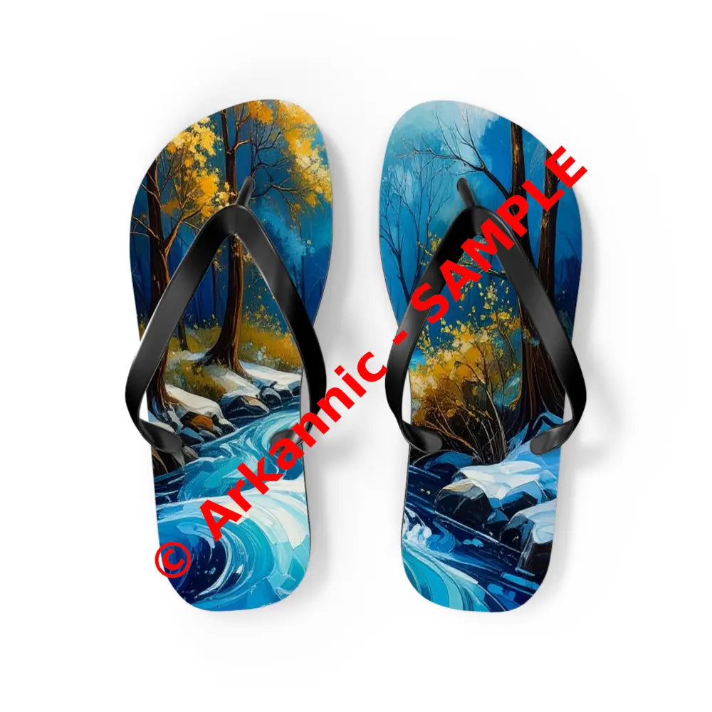 River’s Passage: Seasonal Transitions Winter Forest Landscape Turquoise Impressionist Flow Flip Flop Shoes M / Black