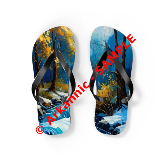 River’s Passage: Seasonal Transitions Winter Forest Landscape Turquoise Impressionist Flow Flip Flop Shoes S / Black