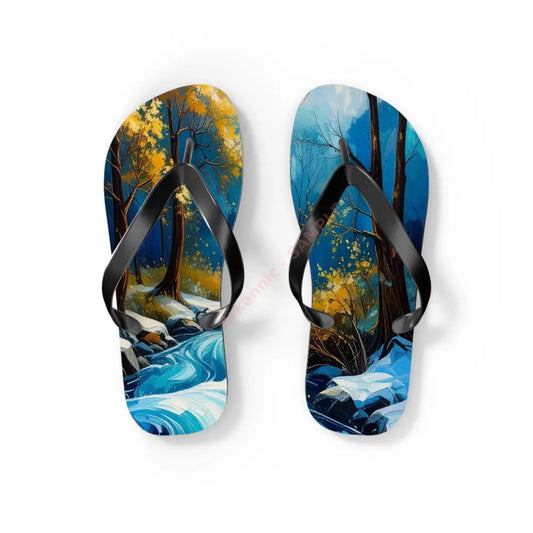 River’s Passage: Seasonal Transitions Winter Forest Landscape Turquoise Impressionist Flow Flip Flop Shoes S / Black