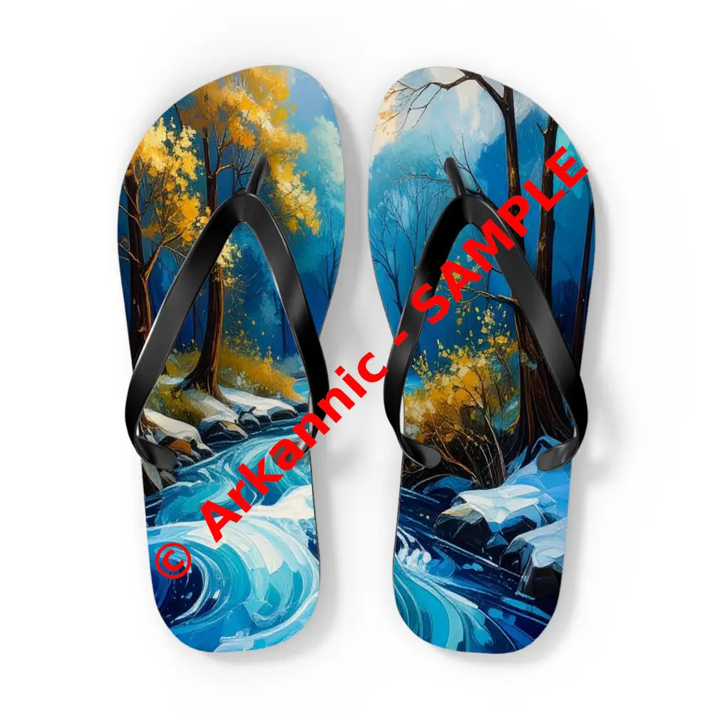 River’s Passage: Seasonal Transitions Winter Forest Landscape Turquoise Impressionist Flow Flip Flop Shoes XL / Black