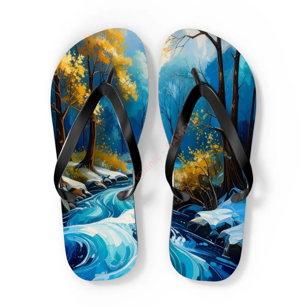 River’s Passage: Seasonal Transitions Winter Forest Landscape Turquoise Impressionist Flow Flip Flop Shoes XL / Black