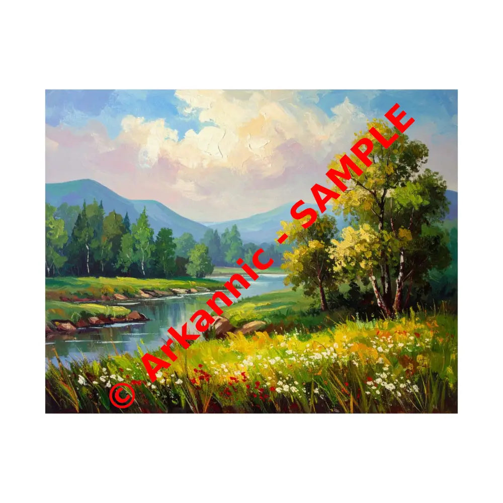 Riverside Harmony: Impressionist Landscape Mountain and River Scene Poster 14″ x 11″ Poster