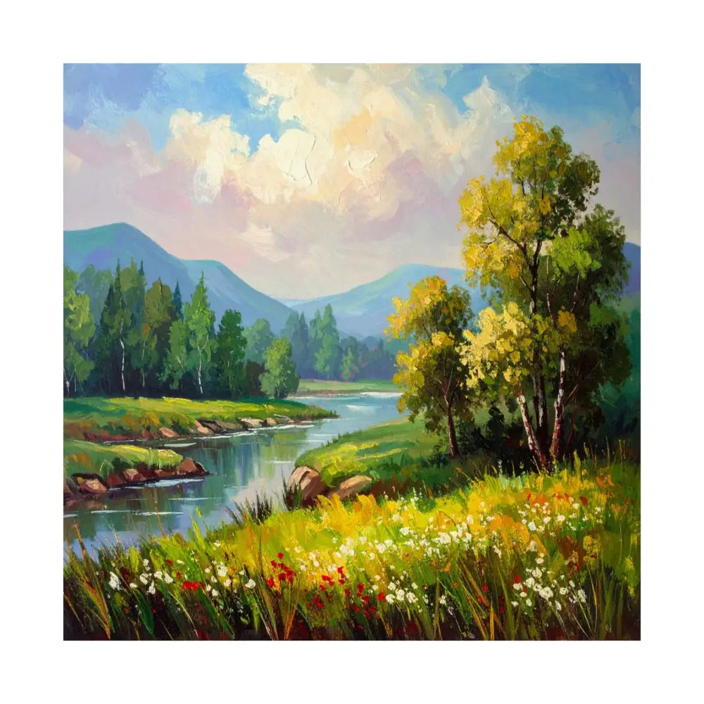 Riverside Harmony: Impressionist Landscape Mountain and River Scene Poster 14’’ x 14’’ Poster