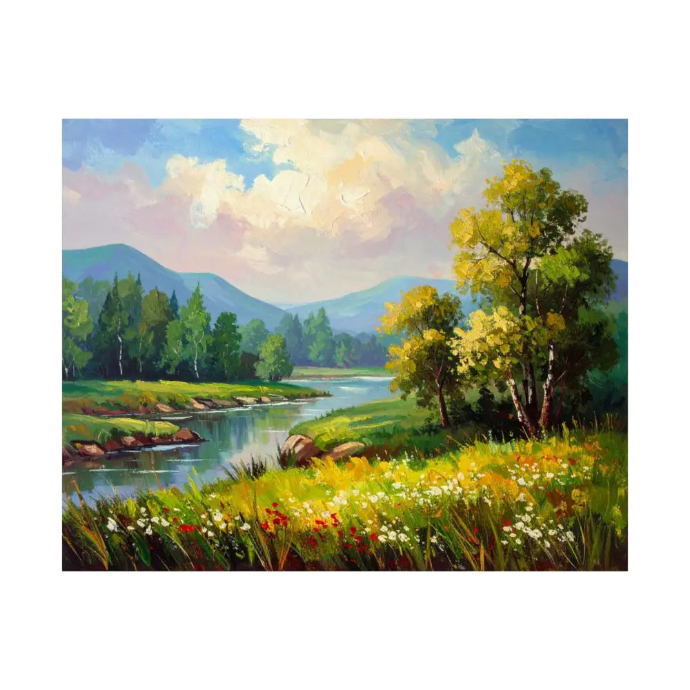 Riverside Harmony: Impressionist Landscape Mountain and River Scene Poster 20″ x 16″ Poster
