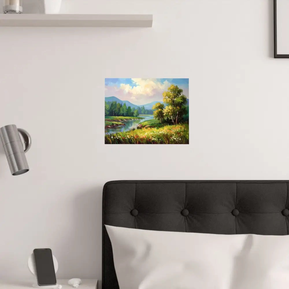 Riverside Harmony: Impressionist Landscape Mountain and River Scene Poster Poster