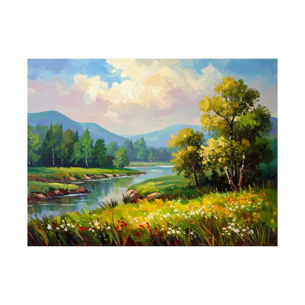 Riverside Harmony: Impressionist Landscape Mountain and River Scene Poster 24″ x 18″ Poster