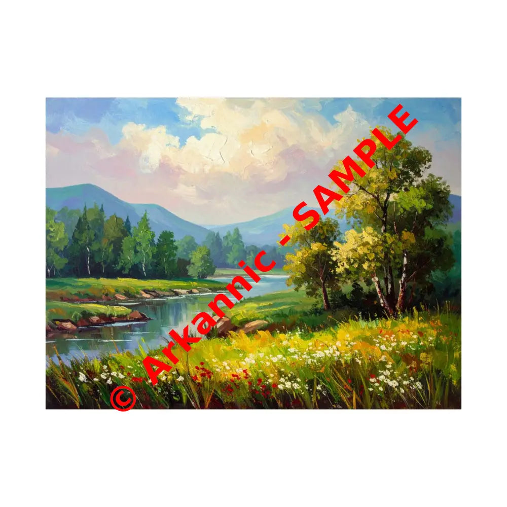 Riverside Harmony: Impressionist Landscape Mountain and River Scene Poster 24″ x 18″ Poster