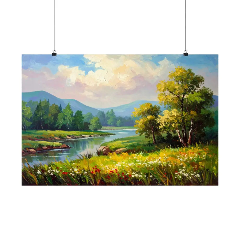 Riverside Harmony: Impressionist Landscape Mountain and River Scene Poster Poster